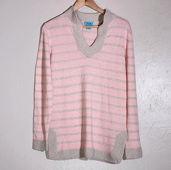 Two Bees Cashmere Pink and Cream Striped Women's Sweater - Picture 1 of 4